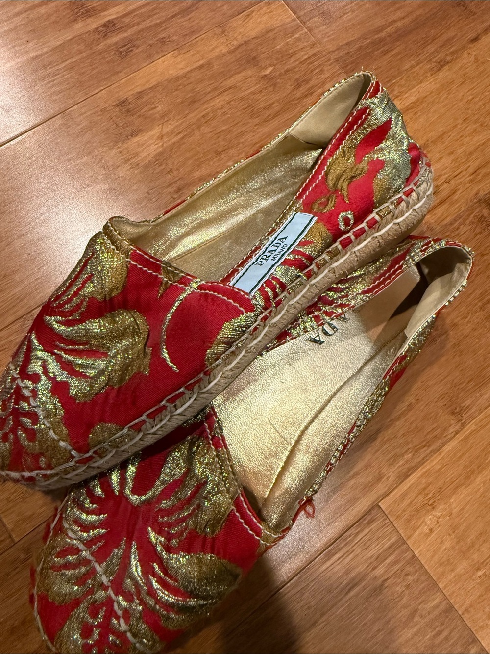 Prada Red Espadrille Flats with Gold Embroidery